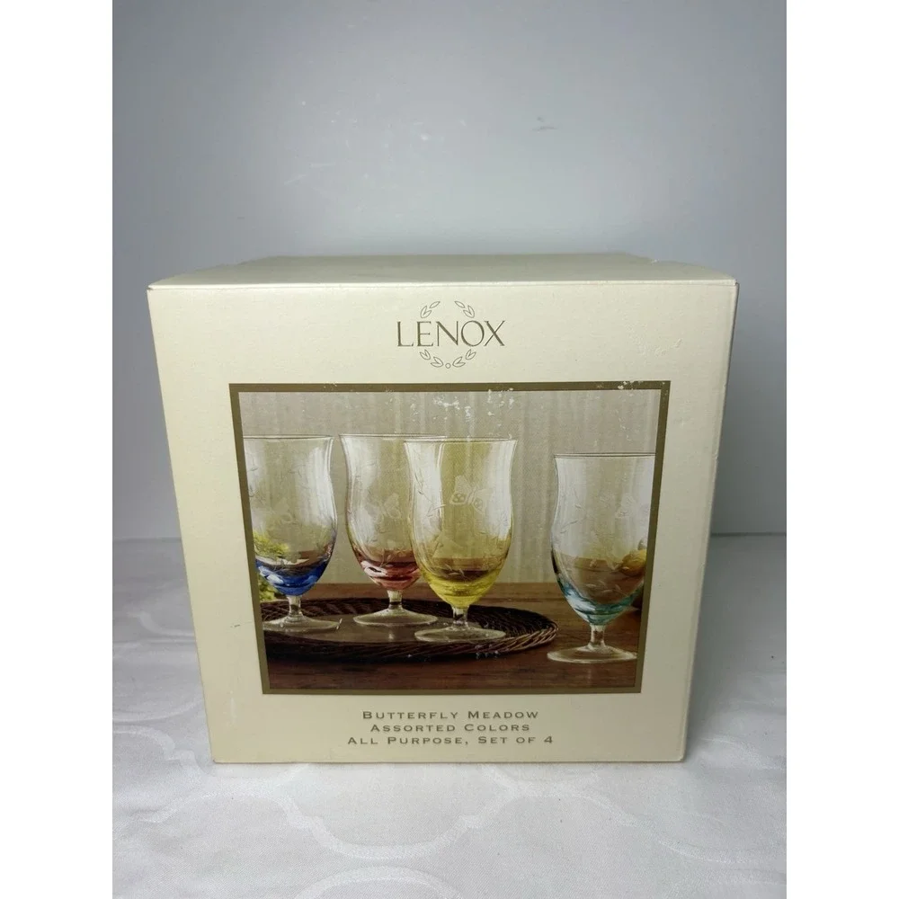 New Set Of 4 Lenox Butterfly Meadow Etched Drinking 18 oz Glasses Multi Colors